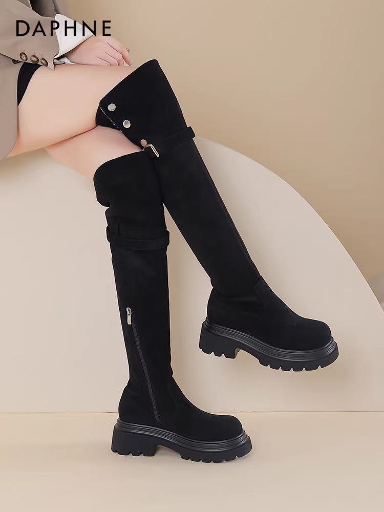 Giày bốt cao quá đầu gối Daphne dành cho nữ 2025 Giày bốt mùa thu đông mới Giày bốt đế dày Giày bốt cao Giày bốt cao cổ lót lông cừu dành cho nữ