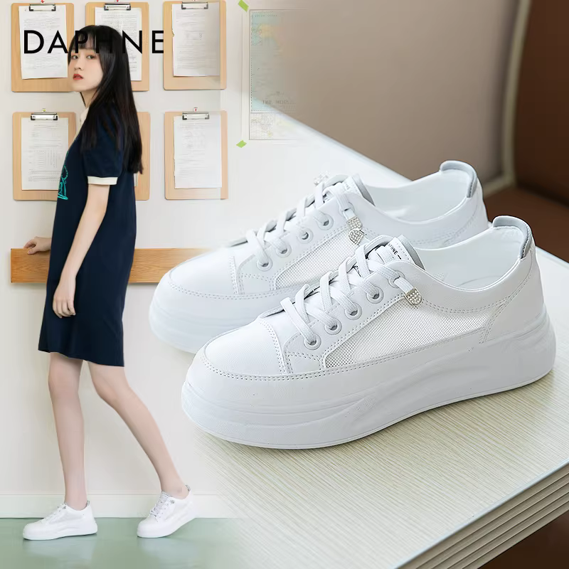 Giày thể thao đế dày màu trắng Daphne dành cho nữ, mẫu xuân thu 2025, giày thể thao thông thường thoáng khí, đa năng dành cho nữ.