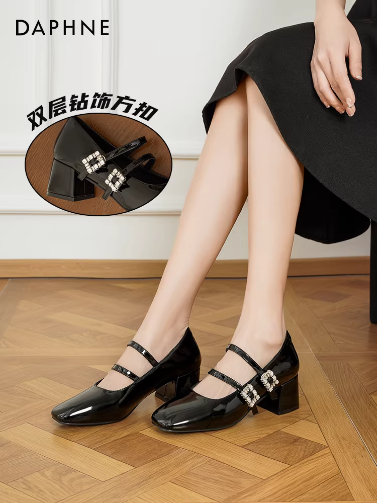 Giày da Daphne Mary Jane mẫu mới 2025, giày đẹp phối chân váy, giày đen nữ, giày cao gót mùa đông