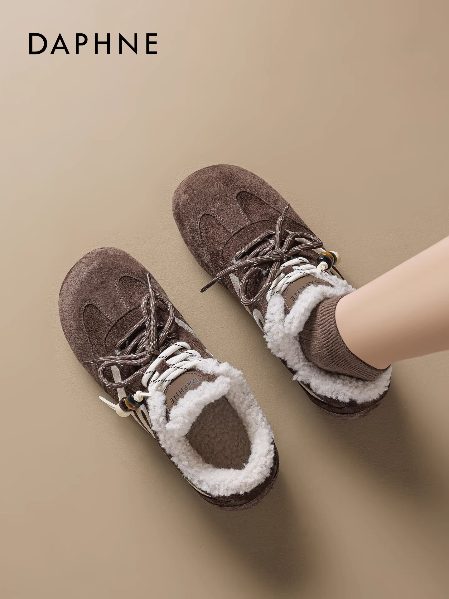 Giày thể thao nữ Daphne lót lông cừu, kiểu Đức, mùa đông 2025, kiểu mới, ủng tuyết cổ điển màu nâu, giày cotton, giày thể thao đế bằng
