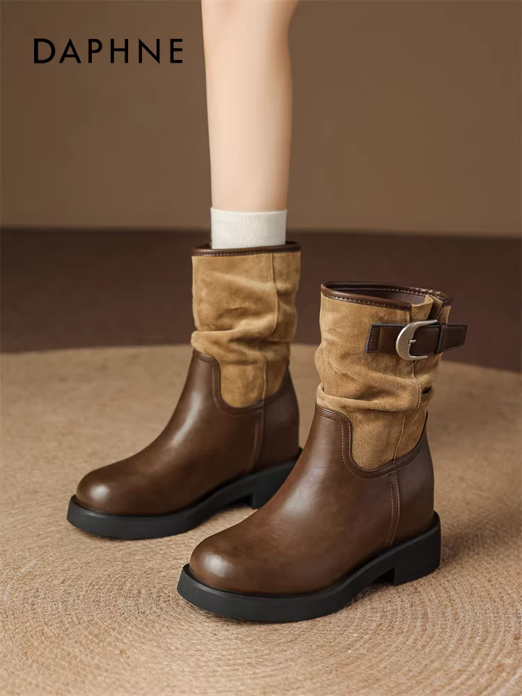 Giày bốt nữ Daphne kiểu dáng xuông năm 2025, mẫu mới thu đông, đế dày, phong cách retro, kiểu Melard, bốt ngắn, bốt cưỡi ngựa nữ kiểu Tây