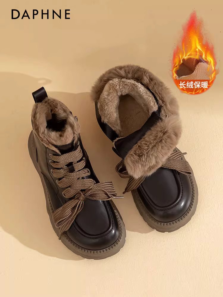 Giày bốt tuyết Daphne dành cho nữ 2025, giày mùa thu đông mới, lót lông cừu, kiểu Martin, giày nữ chống trơn, giày cotton đế dày, bốt ngắn
