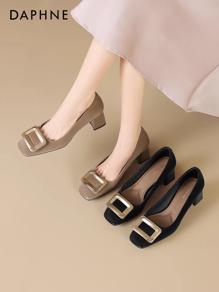 Giày cao gót đen Daphne dành cho nữ 2025 kiểu Pháp mới, giày đơn đế thấp dành cho nữ, giày da nữ gót thô chuyên nghiệp, thích hợp cho phỏng vấn