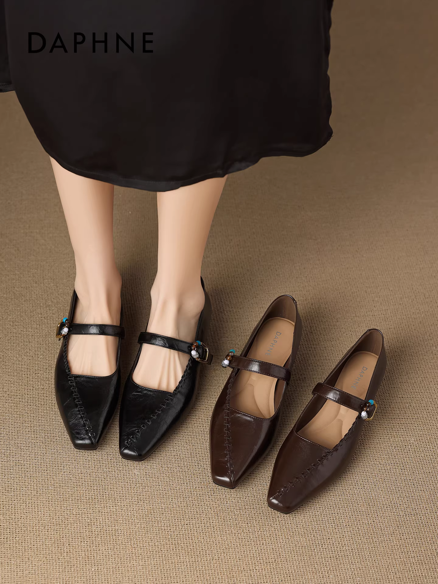 Giày Daphne kiểu Mary Jane nữ 2025, phong cách retro Pháp mới, đế mềm tăng chiều cao, đi làm, màu đen, giày đơn.