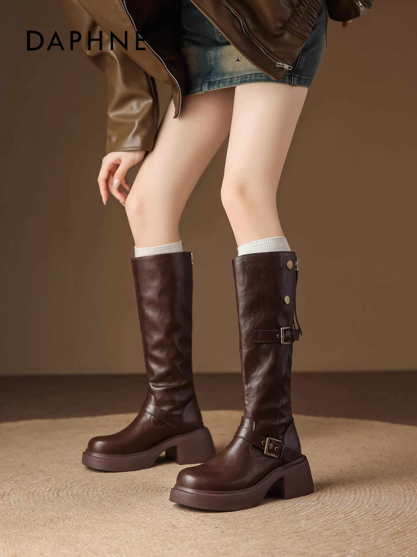Giày bốt cao đến đùi Daphne màu nâu dành cho nữ, mẫu mới mùa đông 2025, giày bốt cao cổ Melard đế dày, kiểu đi cưỡi ngựa