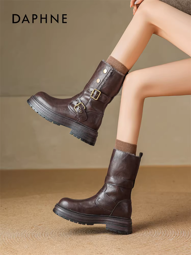 Giày bốt ngắn màu nâu Daphne dành cho nữ, mẫu mới mùa đông 2025, lót lông cừu, kiểu dáng Melard, ôm sát, cao đến giữa bắp chân, kiểu Martin.