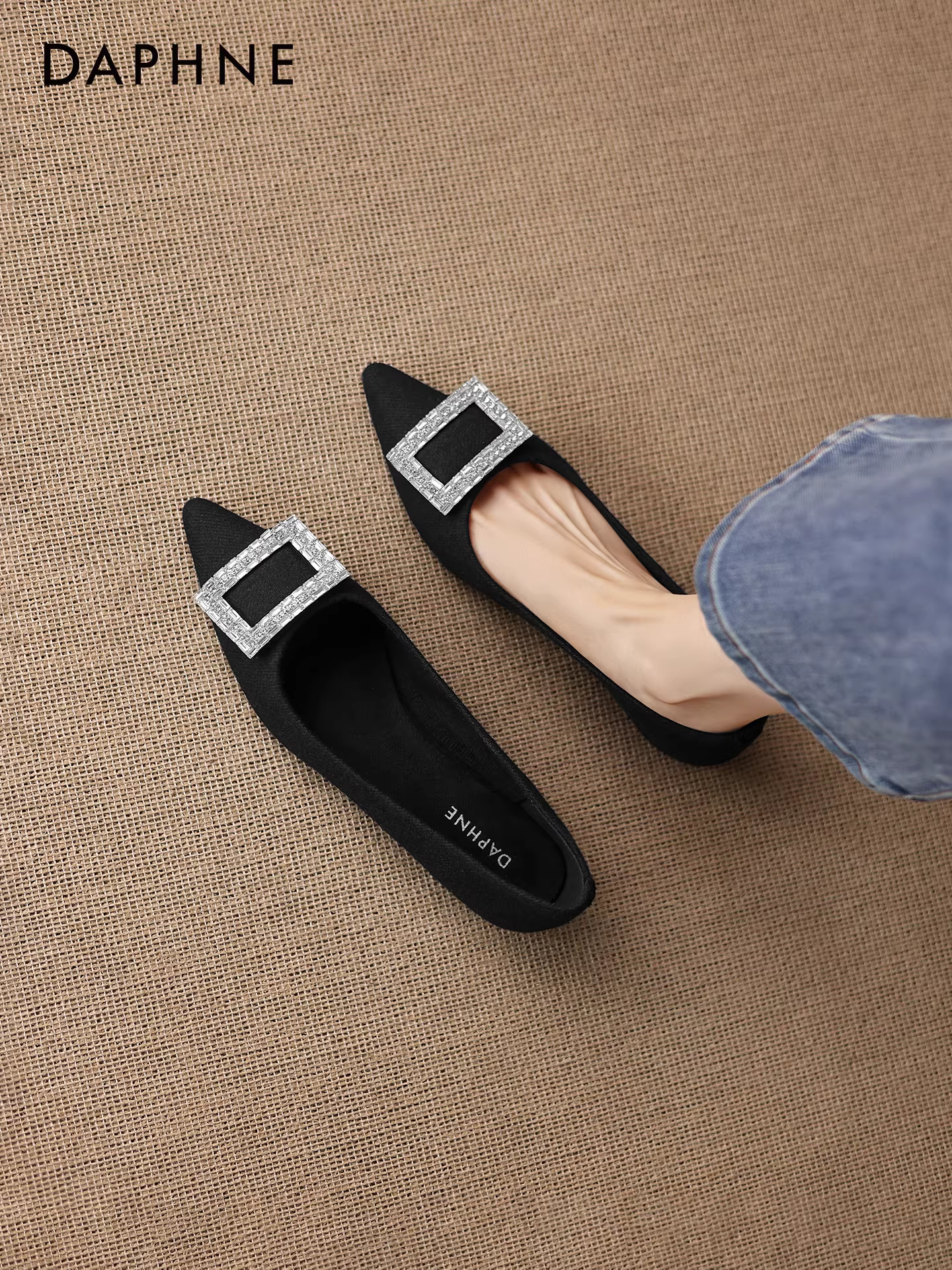 Giày bệt mũi nhọn đính đá Daphne màu xám nhạt dành cho nữ, mùa thu đông 2025, kiểu Pháp, đi làm, kiểu Mary Janes