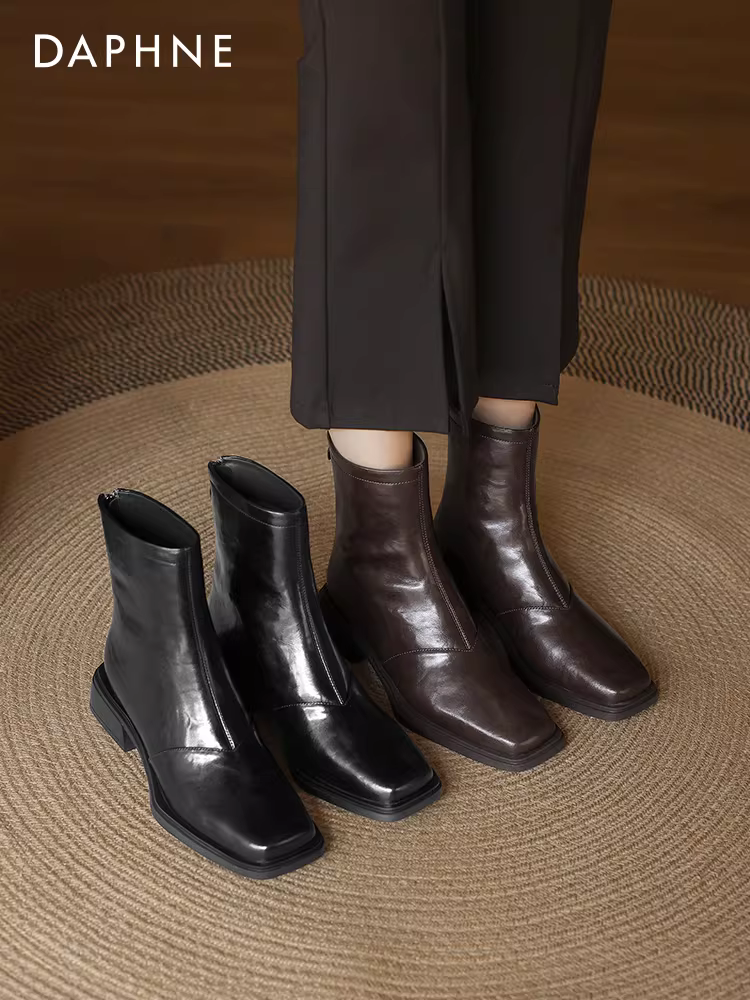 Giày bốt ngắn màu đen Daphne dành cho nữ, giày bốt Martin mùa đông, giày bốt mũi vuông dáng ôm, giày bốt mới 2025, giày Chelsea lót lông cừu.