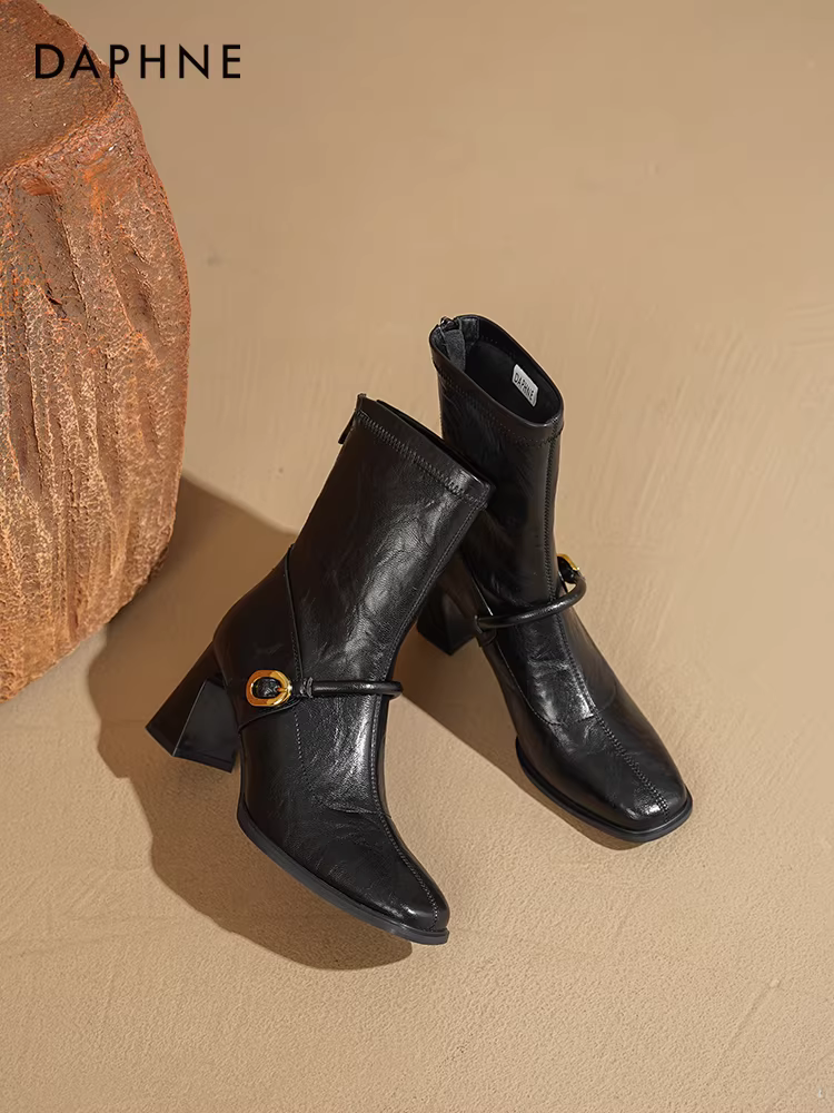 Giày bốt cao gót ngắn Daphne dành cho nữ 2025, kiểu mới mùa thu, mũi vuông kiểu Pháp, ôm chân, gót thô, kiểu Martin, giày thời trang