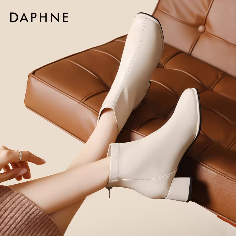 Giày bốt ngắn da thật Daphne dành cho nữ 2024 Giày bốt đơn mùa xuân phổ biến dành cho nữ Giày bốt cổ ngắn phong cách Pháp Giày bốt ngắn màu trắng Giày bốt siêu phổ biến dành cho nữ