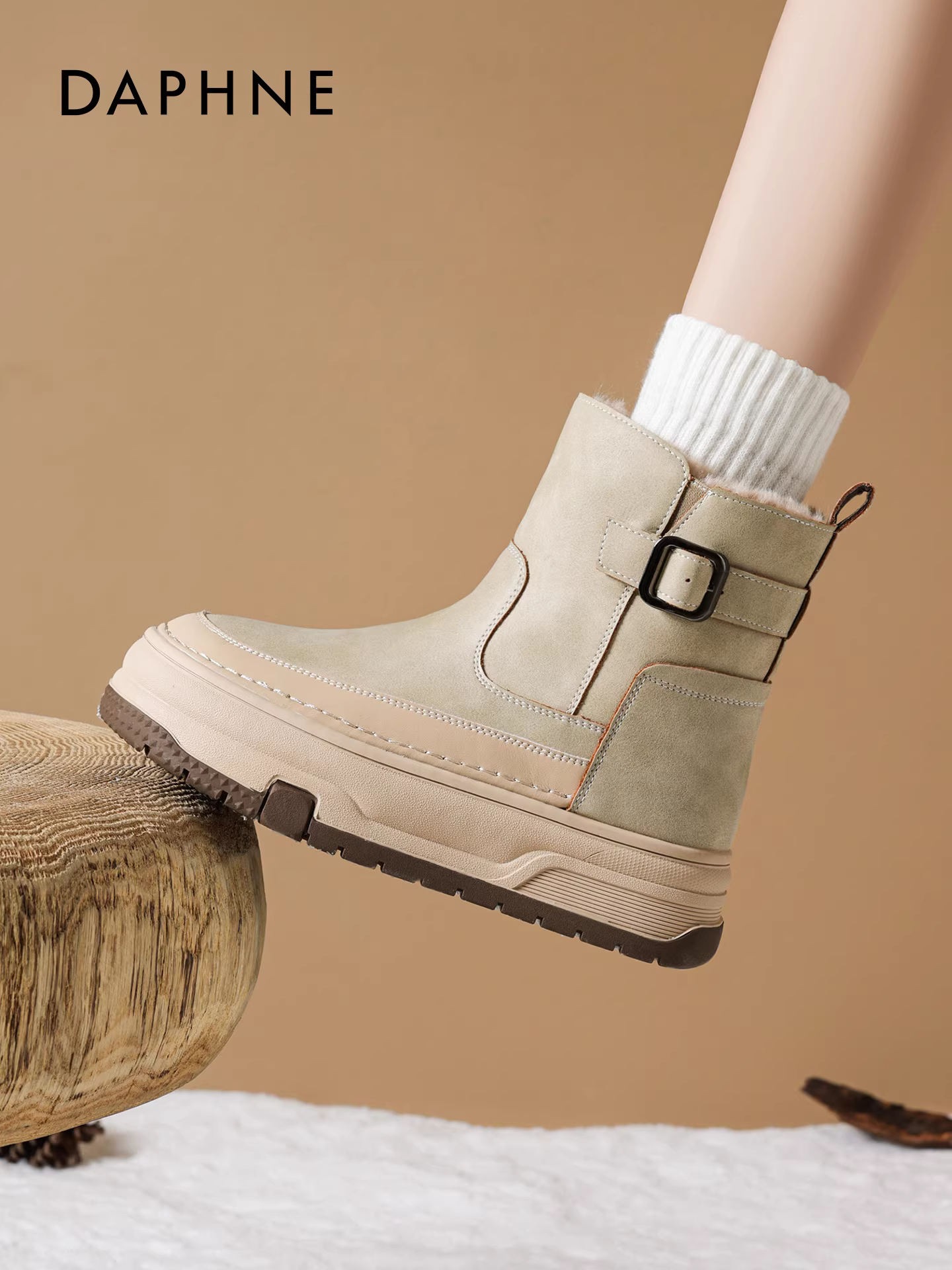 Giày bốt nữ Daphne da không thấm nước, mùa đông 2025 kiểu mới, lót lông giữ ấm, giày lông mềm chống trơn, giày cotton đi ngoài trời