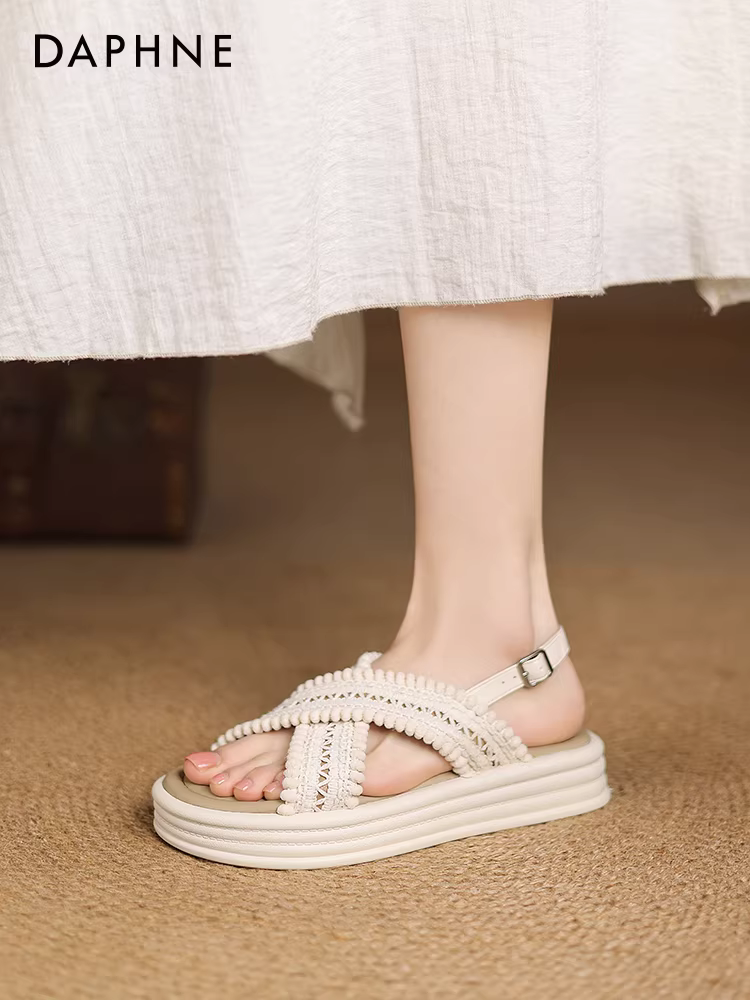 Dép nữ đế dày phong cách boho Daphne 2025, kiểu dáng dân tộc mùa hè mới, dép dệt