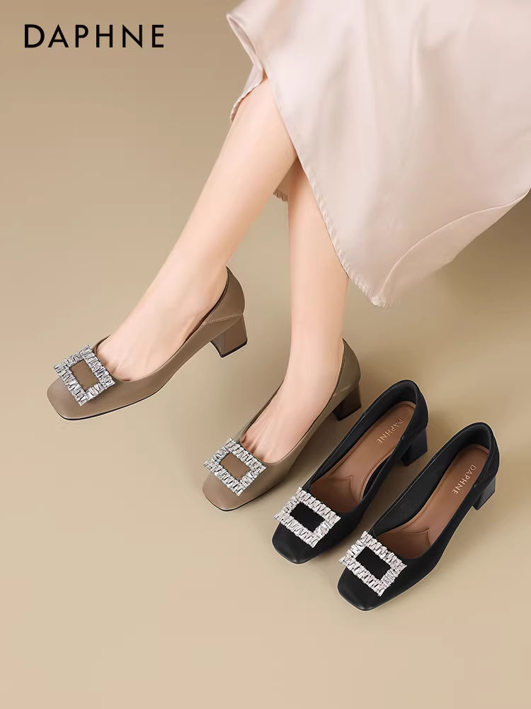 Giày cao gót nữ Daphne đế thô kiểu mới thu đông 2025, giày đơn đế thấp mũi vuông phong cách Pháp, kiểu lười đi êm chân