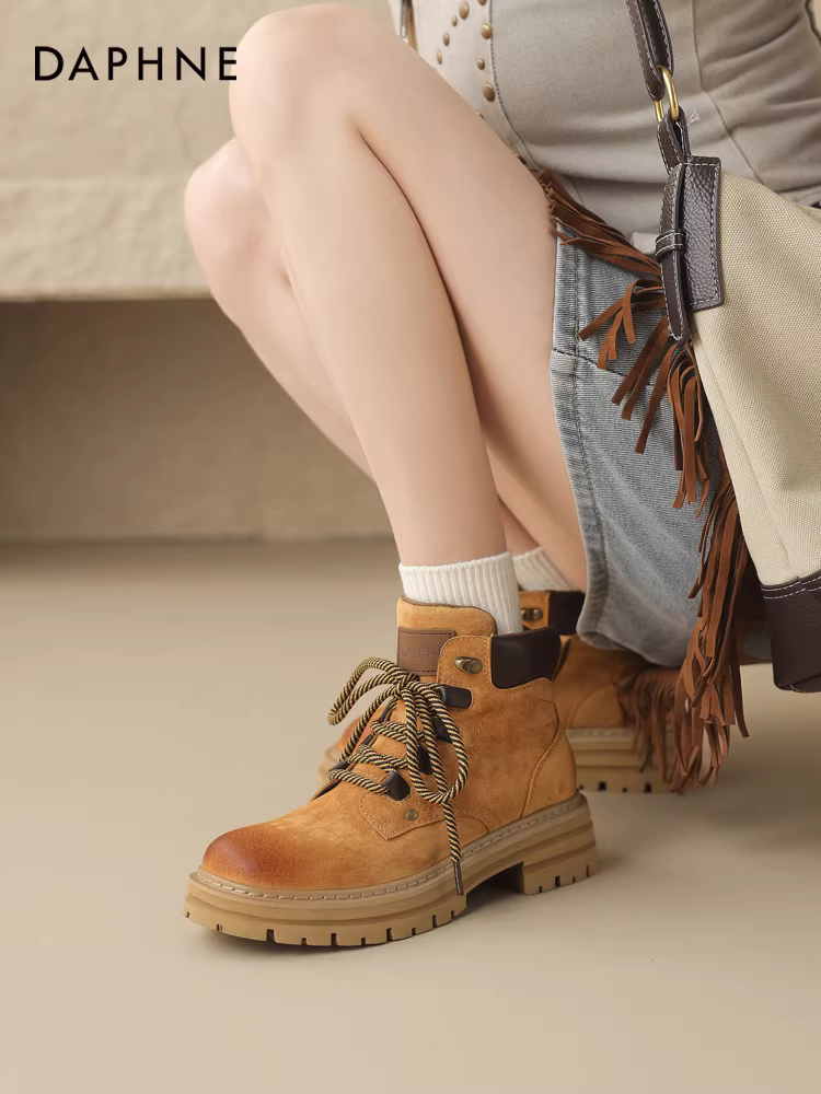 Giày bốt Daphne Martin dành cho nữ 2025, màu vàng mới, giày mùa đông, giày đi bộ ngoài trời và leo núi, giày ngắn mùa thu đông, lót lông cừu