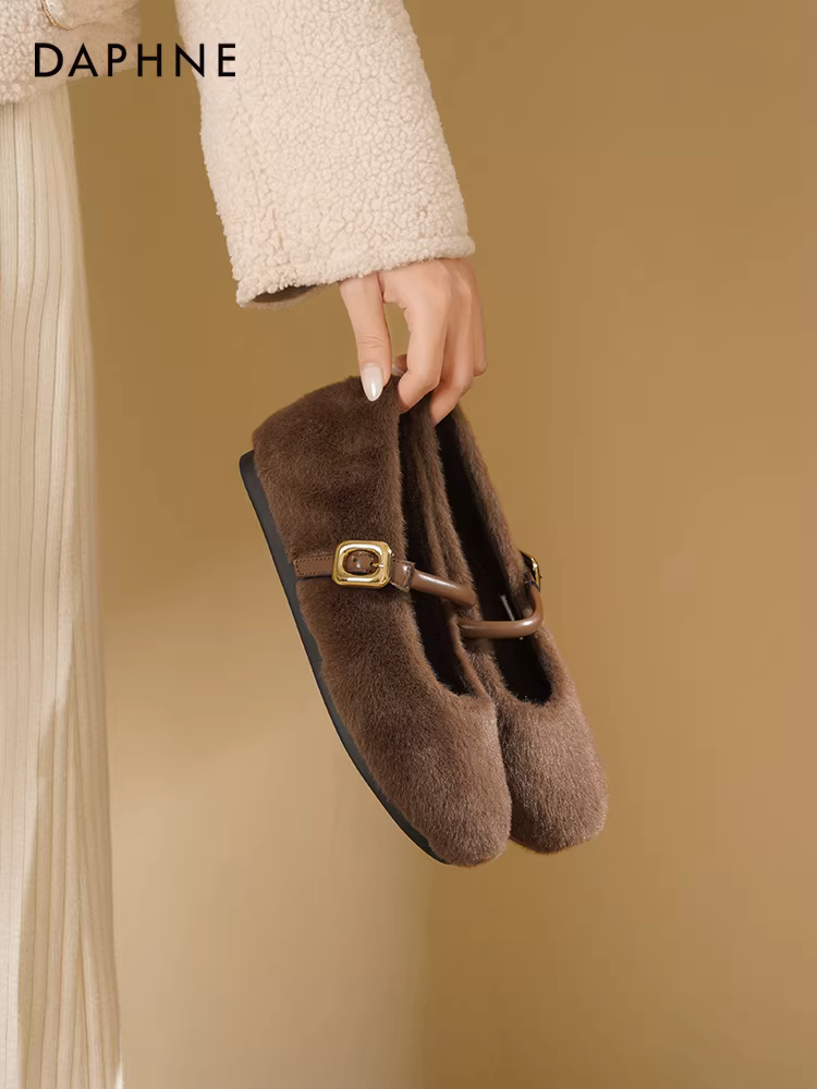 Giày lông Daphne dành cho nữ, kiểu mới thu đông 2025, kiểu Pháp, quai đơn, đế bằng mềm, lót lông cừu, kiểu Mary Jane