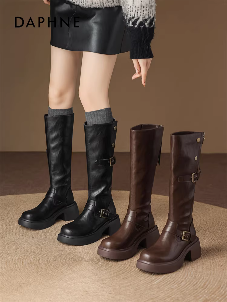 Giày bốt cao đến đùi Daphne màu nâu dành cho nữ, mẫu mới mùa đông 2025, giày bốt cao cổ Melard đế dày, kiểu đi cưỡi ngựa