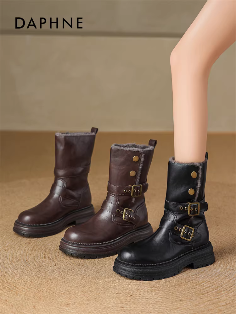 Giày bốt ngắn màu nâu Daphne dành cho nữ, mẫu mới mùa đông 2025, lót lông cừu, kiểu dáng Melard, ôm sát, cao đến giữa bắp chân, kiểu Martin.