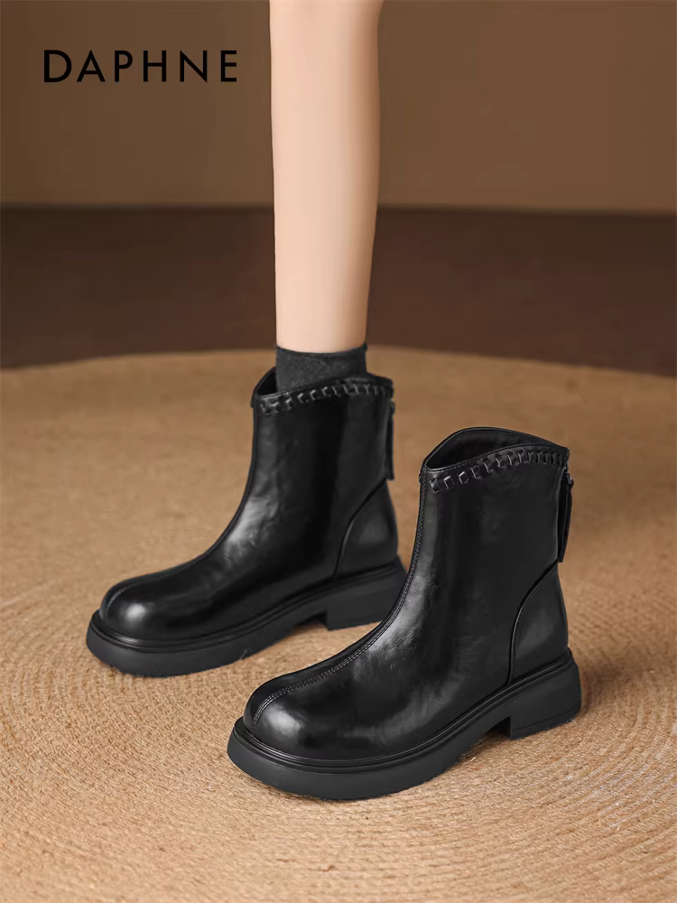 Giày bốt ngắn lót lông Daphne dành cho nữ 2025 kiểu Anh mới mùa đông, kiểu Martin giữ ấm, đi tuyết, đế dày, màu đen