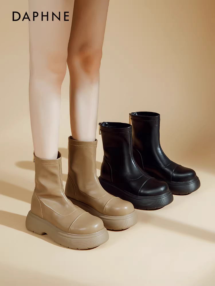 Giày bốt Martin da mềm Daphne dành cho nữ, lót lông cừu và dày dặn, kiểu dáng cổ điển đế dày mùa thu, bốt ngắn kiểu Chelsea nhỏ nhắn.