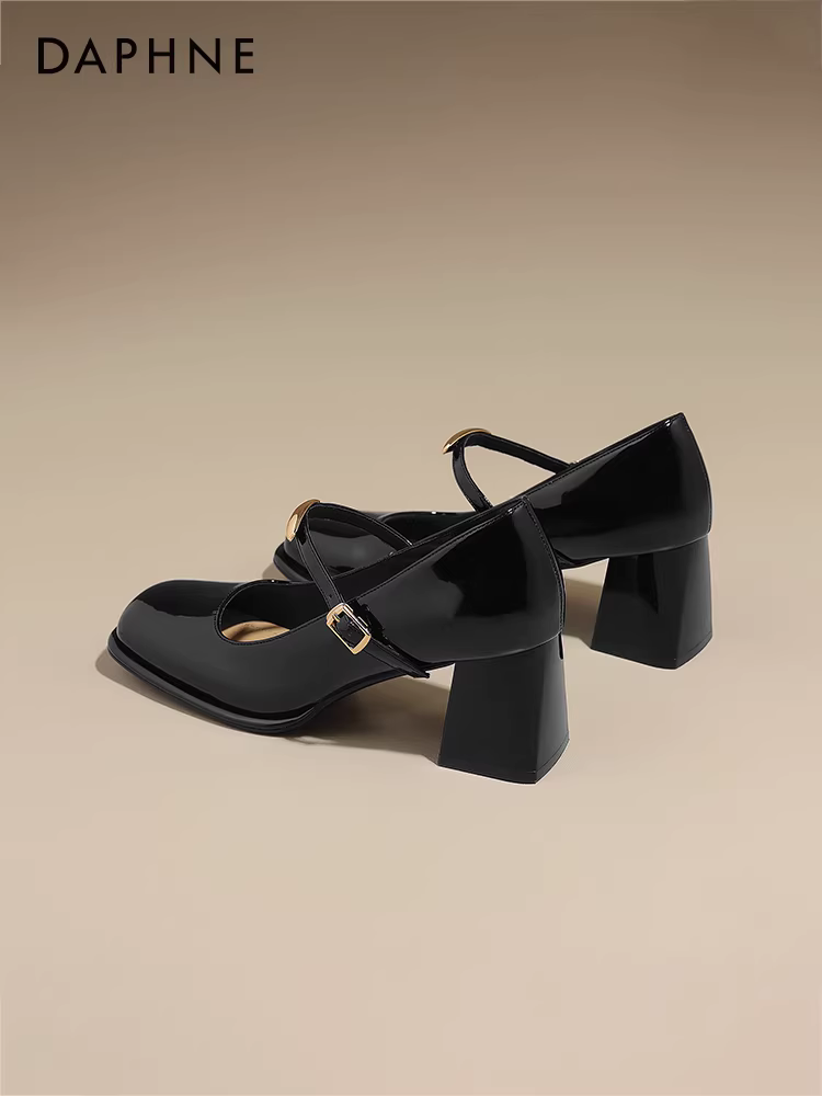 Giày nữ Daphne mũi nông kiểu đơn giản, mẫu mới thu 2025, phong cách Pháp thanh lịch, giày da đen gót thô, kiểu Mary Jane.