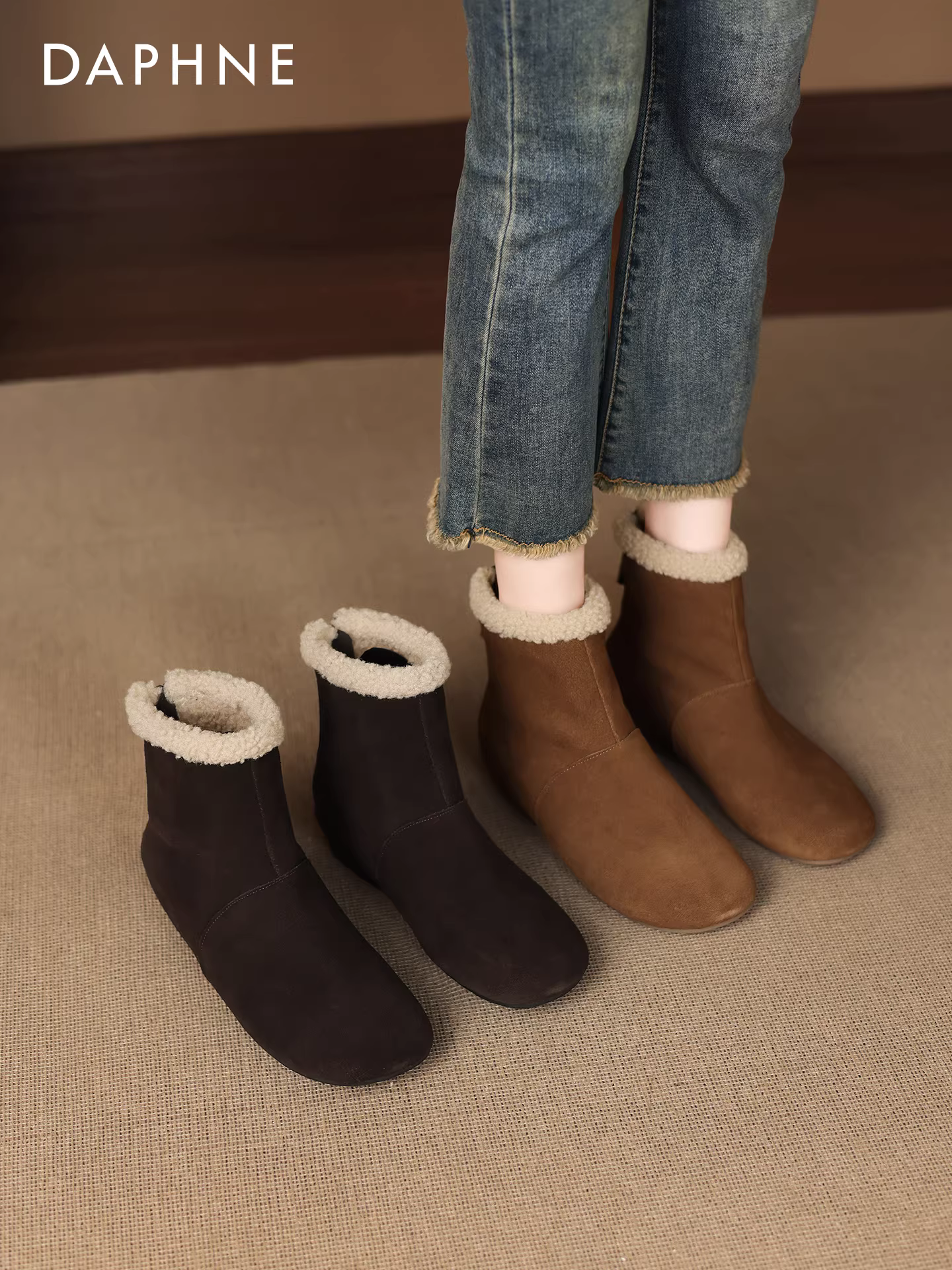 Giày bốt giữ ấm Daphne dành cho nữ 2025, kiểu Birkenstock, đế cao, lót lông, chất liệu cotton, kiểu retro, bốt ngắn