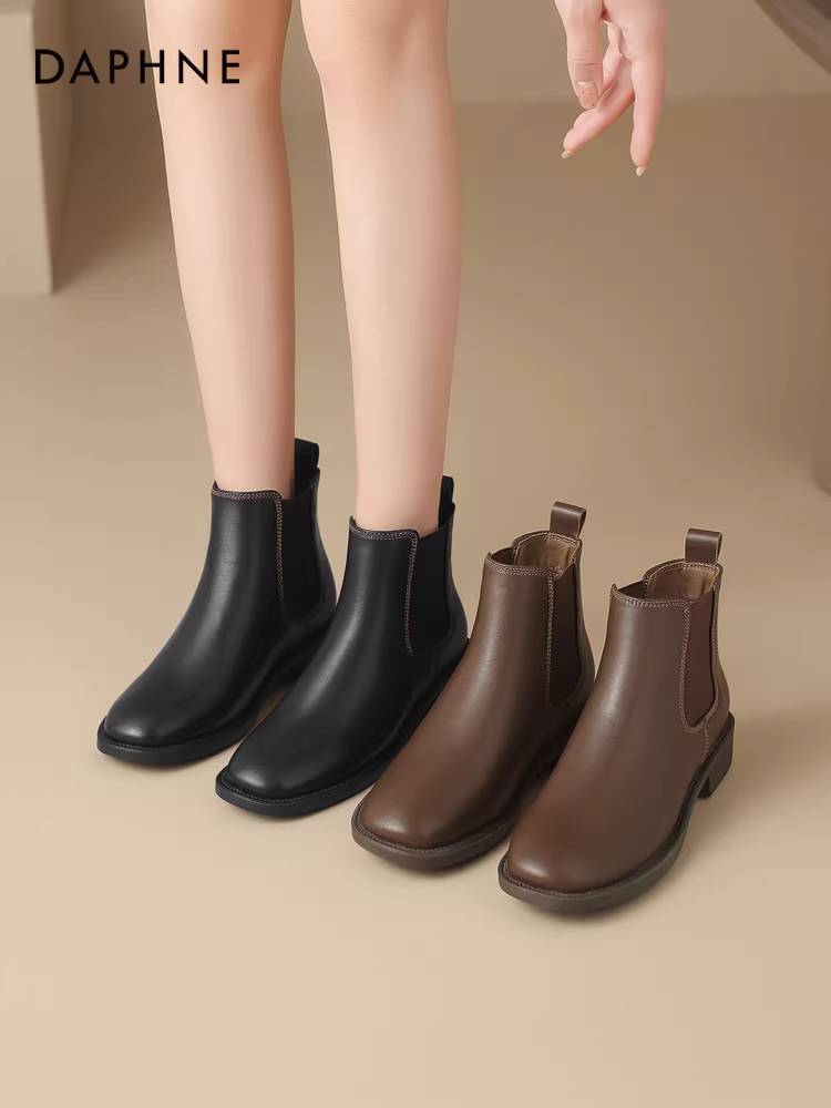 Giày bốt nữ Daphne Chelsea mùa thu đông lót lông cừu 2025 kiểu mới, bốt thấp đế bằng, bốt Martin nữ, giày da, bốt cổ ngắn