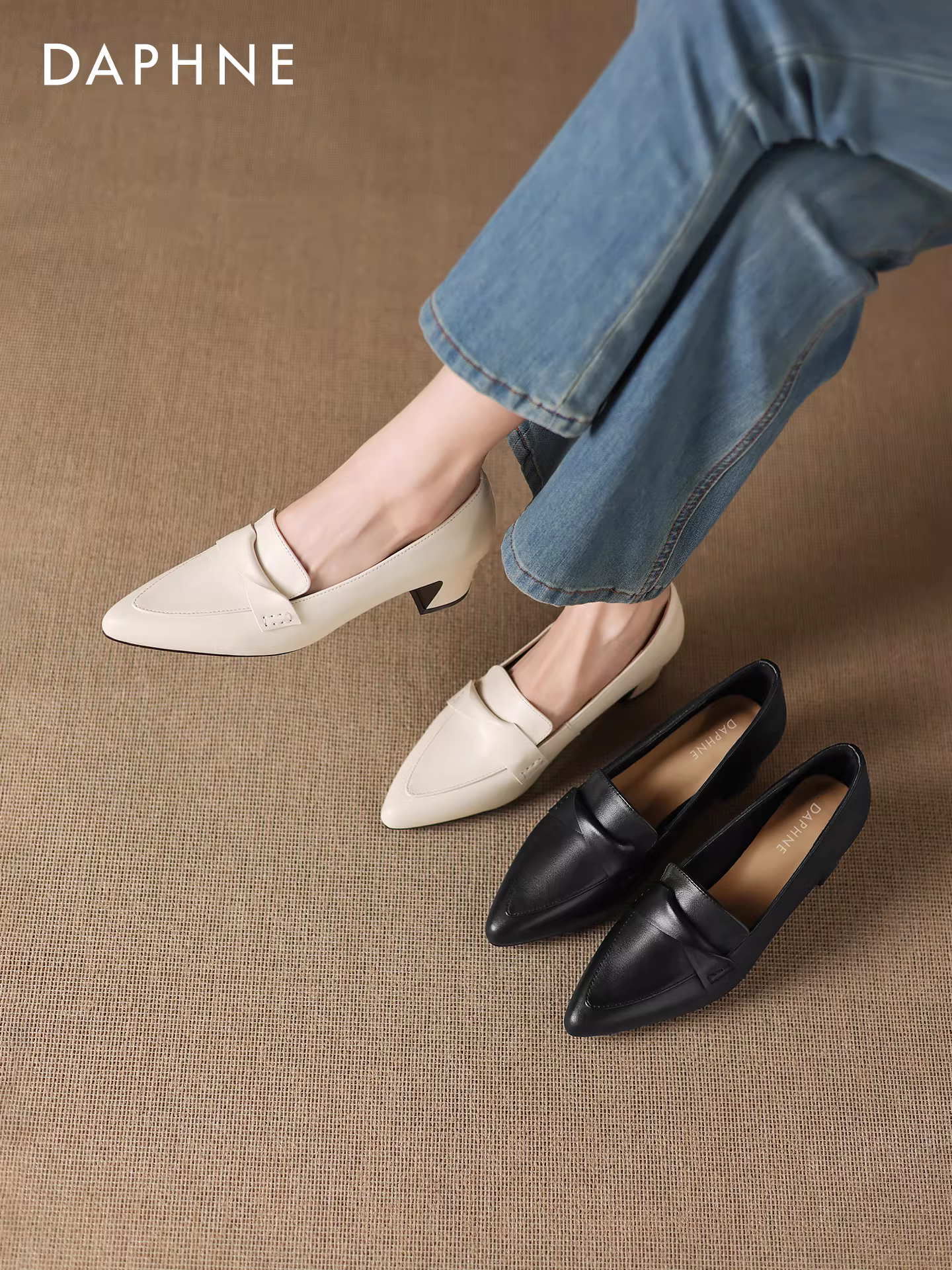 Giày cao gót Daphne dành cho nữ 2025 kiểu thu mới phong cách Pháp, chất liệu da bò, mũi nhọn, gót dày, kiểu lười.