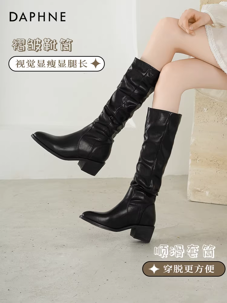 Giày bốt cao cổ nữ Daphne 2025, mẫu mới thu đông, kiểu dáng Tây, mũi nhọn, gót cao, thích hợp đi cưỡi ngựa