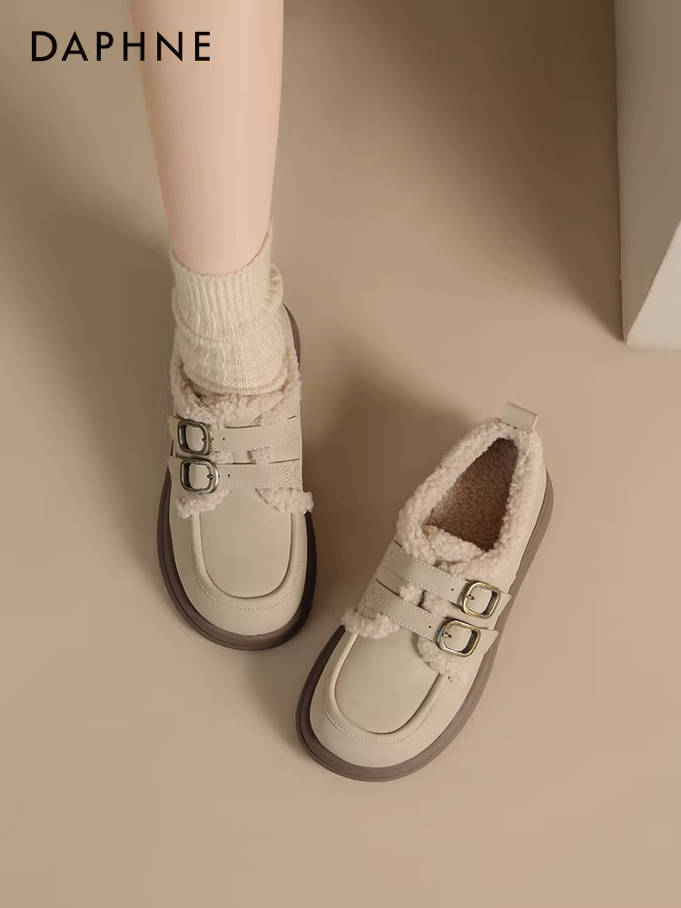 Giày bốt đi tuyết lót lông cừu Daphne dành cho nữ, giày cotton mới mùa đông 2025, giày lười đế dày kiểu Birkenstock mùa thu đông.