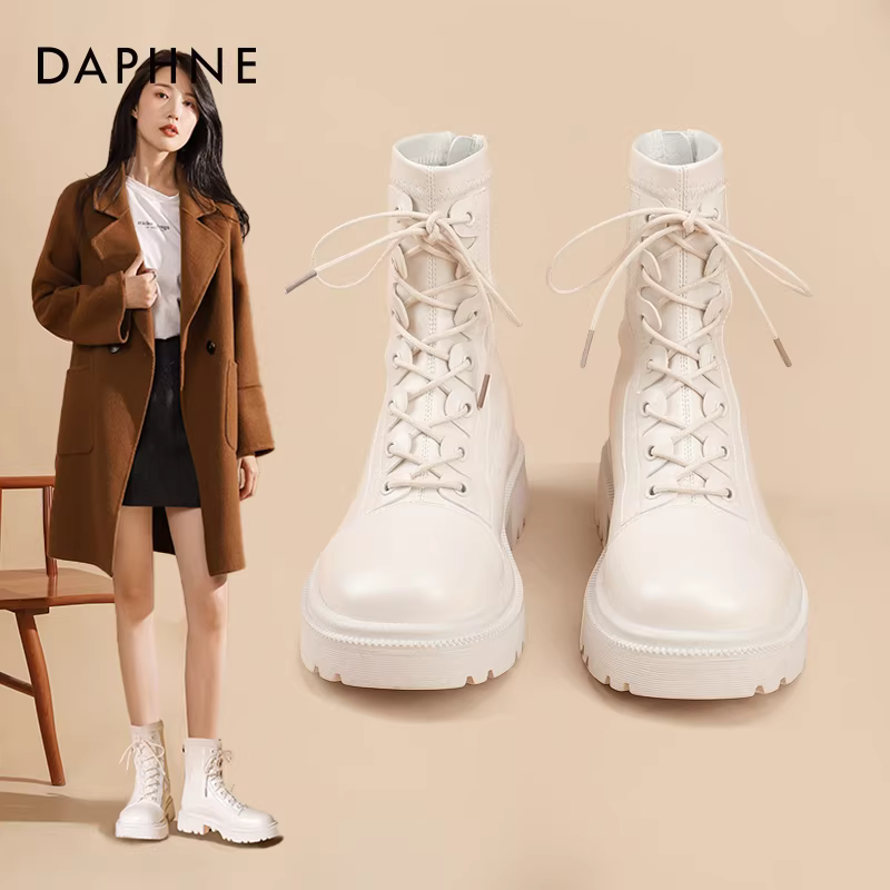 Giày bốt Daphne Martin nữ, kiểu mới xuân thu 2025, phong cách Anh, bốt cao đến giữa bắp chân, bốt ngắn đế dày đa năng, bốt trắng nữ.