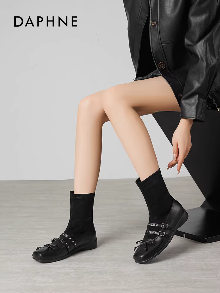Giày bốt ngắn màu nâu Daphne dành cho nữ 2025, mẫu mới mùa thu, kiểu Melard cổ điển, kiểu Mary Jane, kiểu tất, giày thời trang