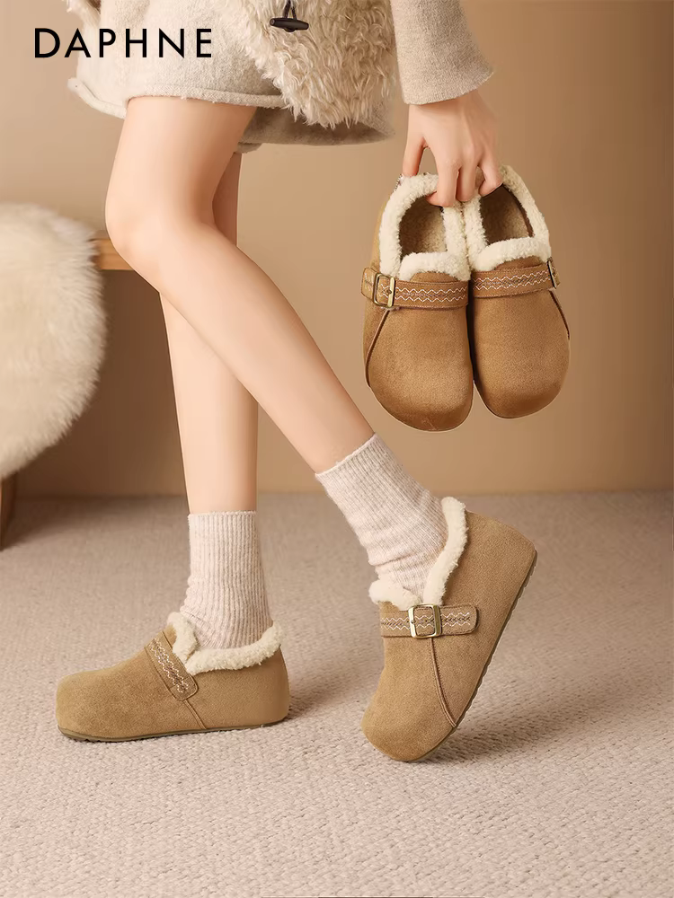 Giày Daphne Birkenstock nữ mùa đông 2025 mới, đế dày, lót lông cừu, kiểu bốt tuyết, kiểu lười, giày cotton