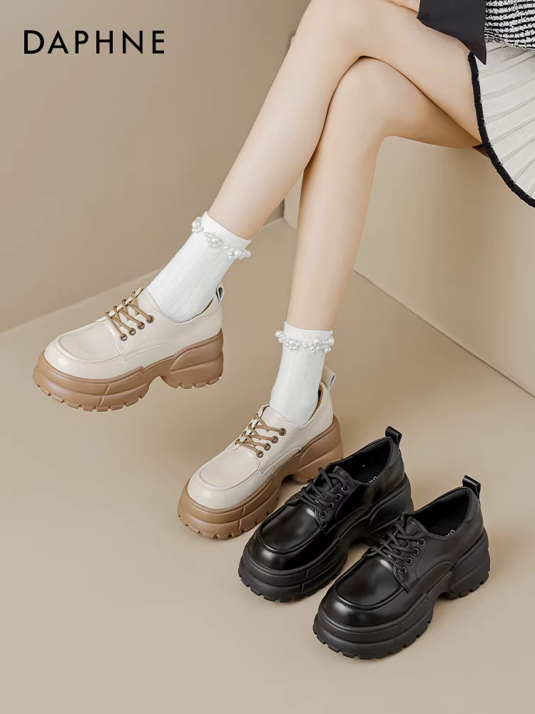 Giày lười đế dày cỡ nhỏ Daphne dành cho nữ, kiểu mới thu đông 2025, giày da đen phong cách Anh, giày tăng chiều cao.