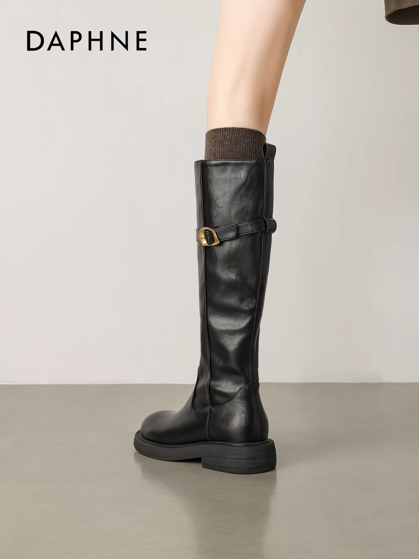 Giày bốt đen Daphne, bốt cao cổ nữ, mẫu mới thu đông 2025, đế dày, lót lông, kiểu cưỡi ngựa, cao quá đầu gối