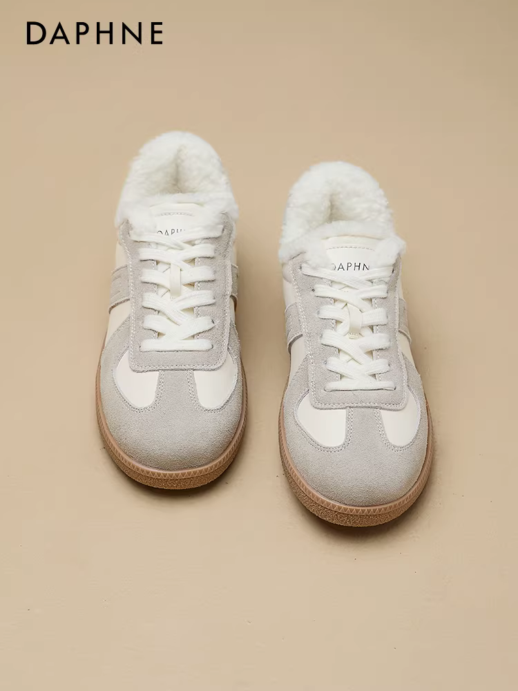 Giày thể thao nữ Daphne lót lông cừu, kiểu Đức, mùa thu đông 2025, đế mềm, thoải mái, đa năng, màu trắng