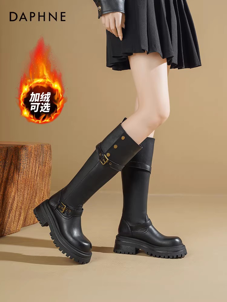 Giày bốt dài Daphne dành cho nữ 2025, mẫu mới thu đông, giày bốt Melard nữ đế dày màu đen, kiểu dáng hai trong một, giày bốt đi xe.