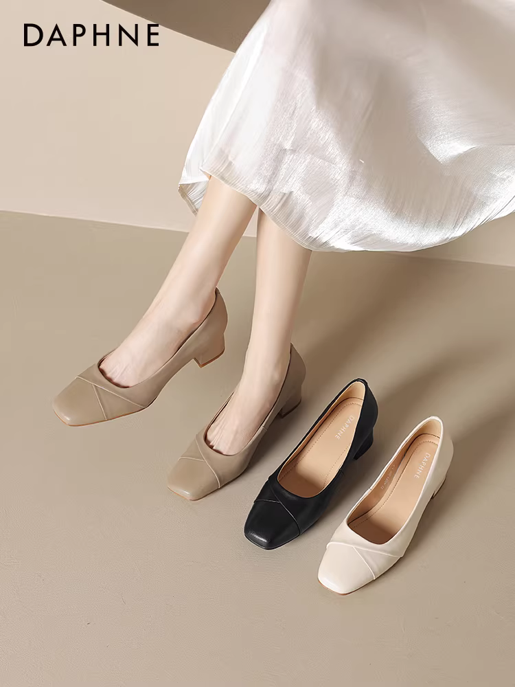 Giày Mary Jane nữ Daphne mũi nông đế xuồng mùa thu mới 2025 kiểu Pháp, giày da cao gót đế dày
