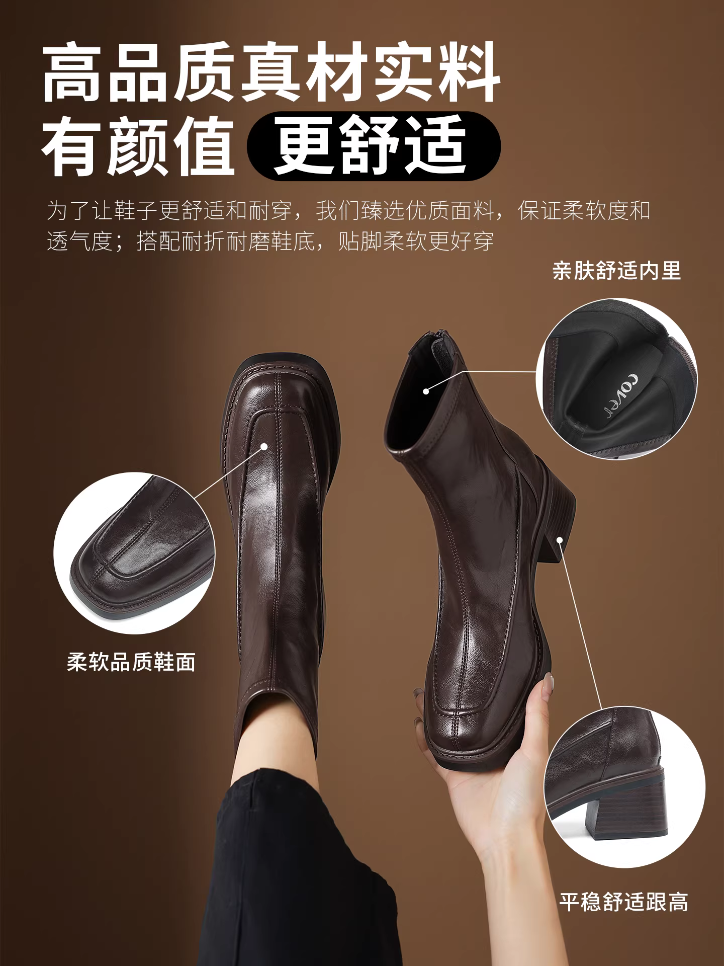 Giày bốt ngắn màu nâu Daphne dành cho nữ, mẫu mới mùa đông 2025, lót lông cừu, gót dày, kiểu dáng ôm sát, phong cách Anh, kiểu Martin, giày cao gót