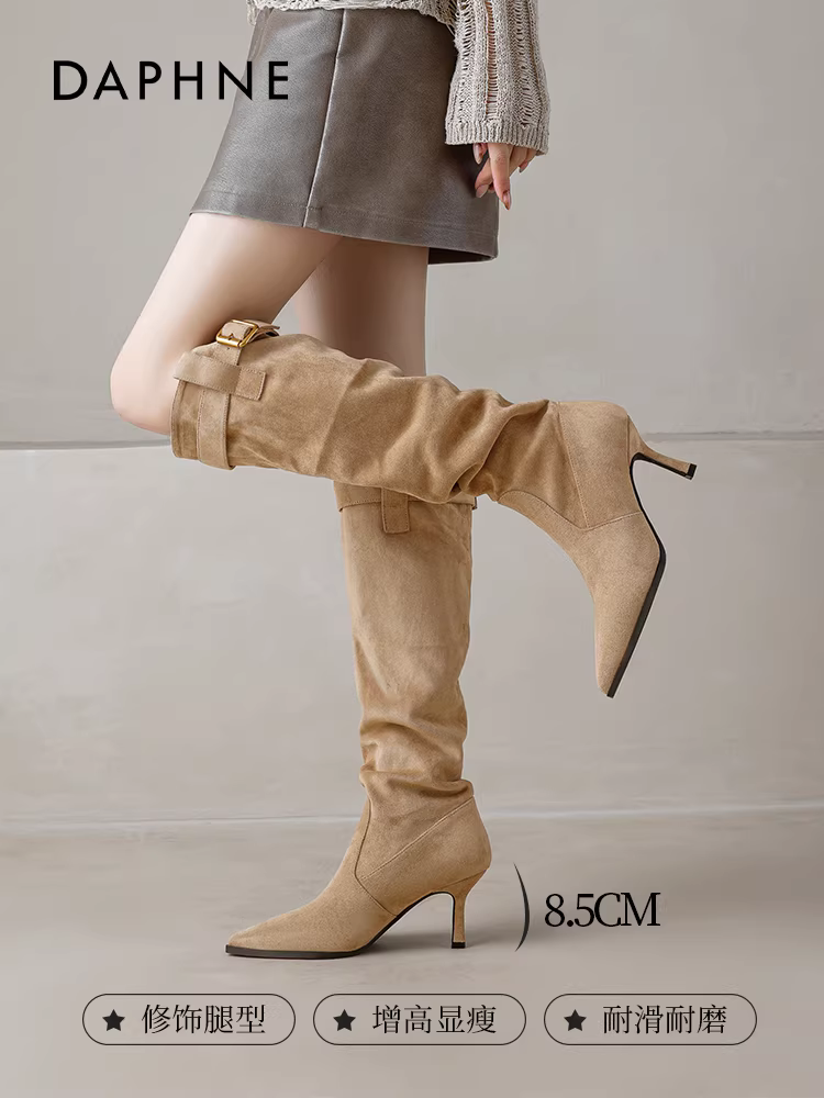 Giày bốt cao gót Daphne kiểu dáng dài dành cho nữ, mẫu mới mùa đông 2025, kiểu Melard, giày cưỡi ngựa, cao gót, lót lông, kiểu dáng lười