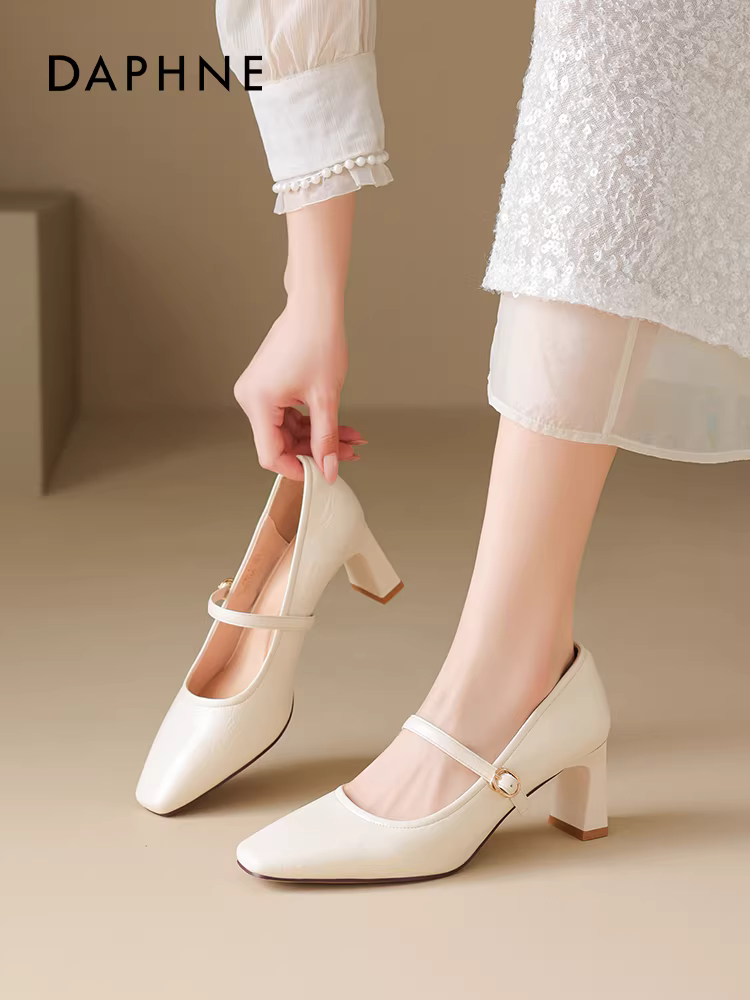 Giày cao gót Mary Jane kiểu Pháp Daphne dành cho nữ năm 2025, mũi vuông, gót cao, thoải mái và phù hợp với chân váy, đi làm, có gót dày.
