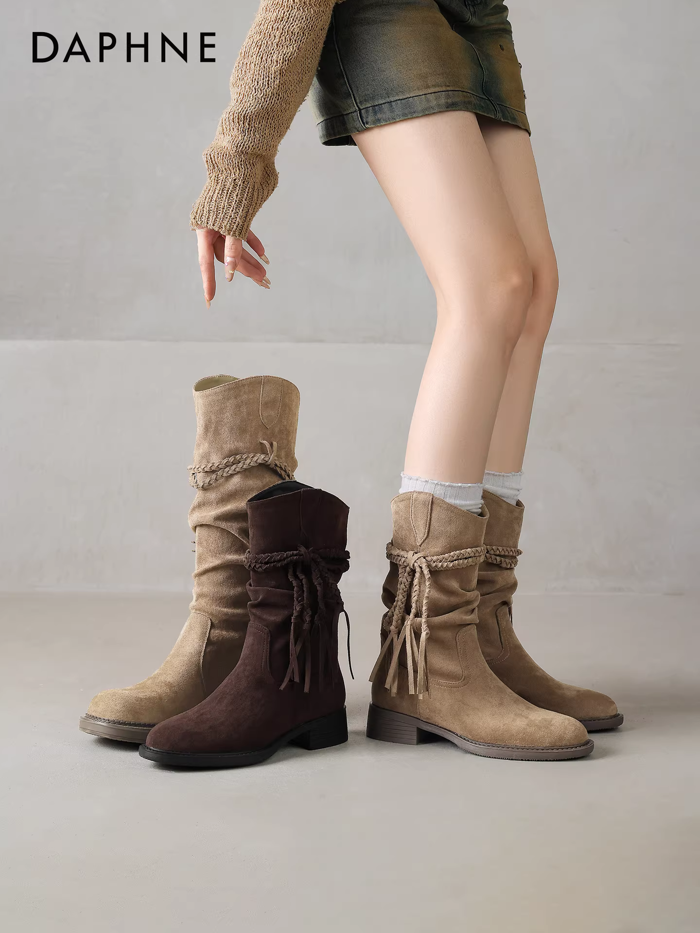 Giày bốt Daphne nữ, bốt ngắn mùa đông 2025 mới, bốt nữ Melard lót lông mềm, bốt Martin có tua rua, chiều dài đến giữa bắp chân.