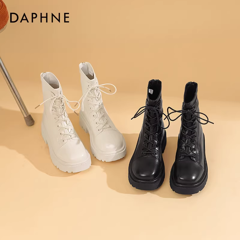 Giày bốt Daphne Martin nữ, kiểu mới xuân thu 2025, phong cách Anh, bốt cao đến giữa bắp chân, bốt ngắn đế dày đa năng, bốt trắng nữ.