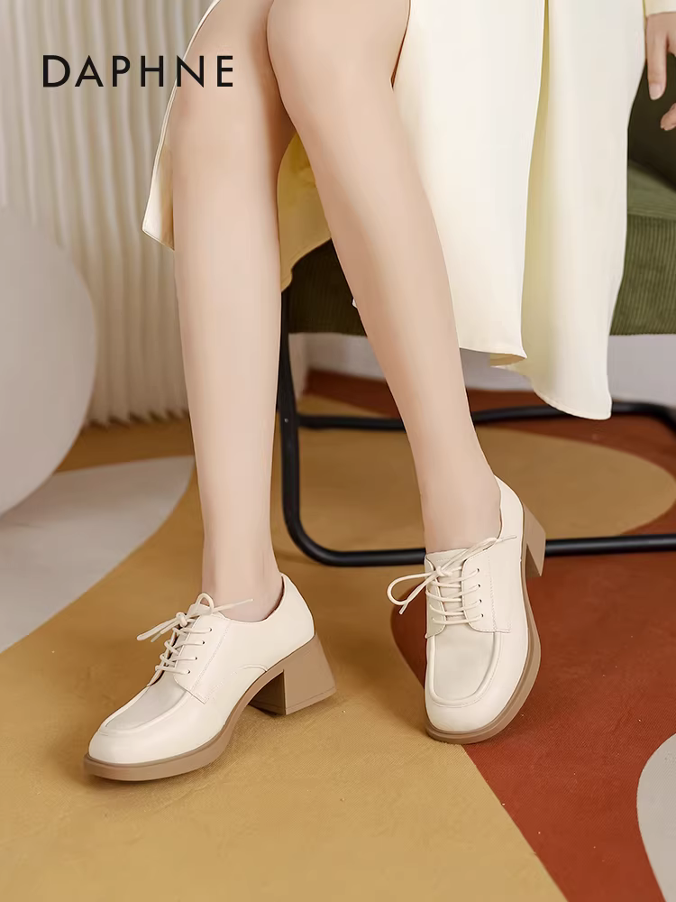 Giày da nhỏ kiểu Anh Daphne dành cho nữ 2025, giày đơn giản thanh lịch mới, giày nữ buộc dây đế dày gót thô kiểu lười