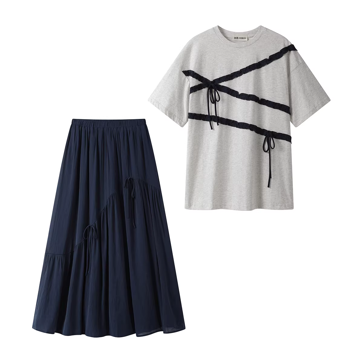 Bộ đồ hai mảnh áo thun ngắn tay và váy phối ren nhẹ nhàng kiểu Pháp dành cho nữ, phong cách mùa hè mới