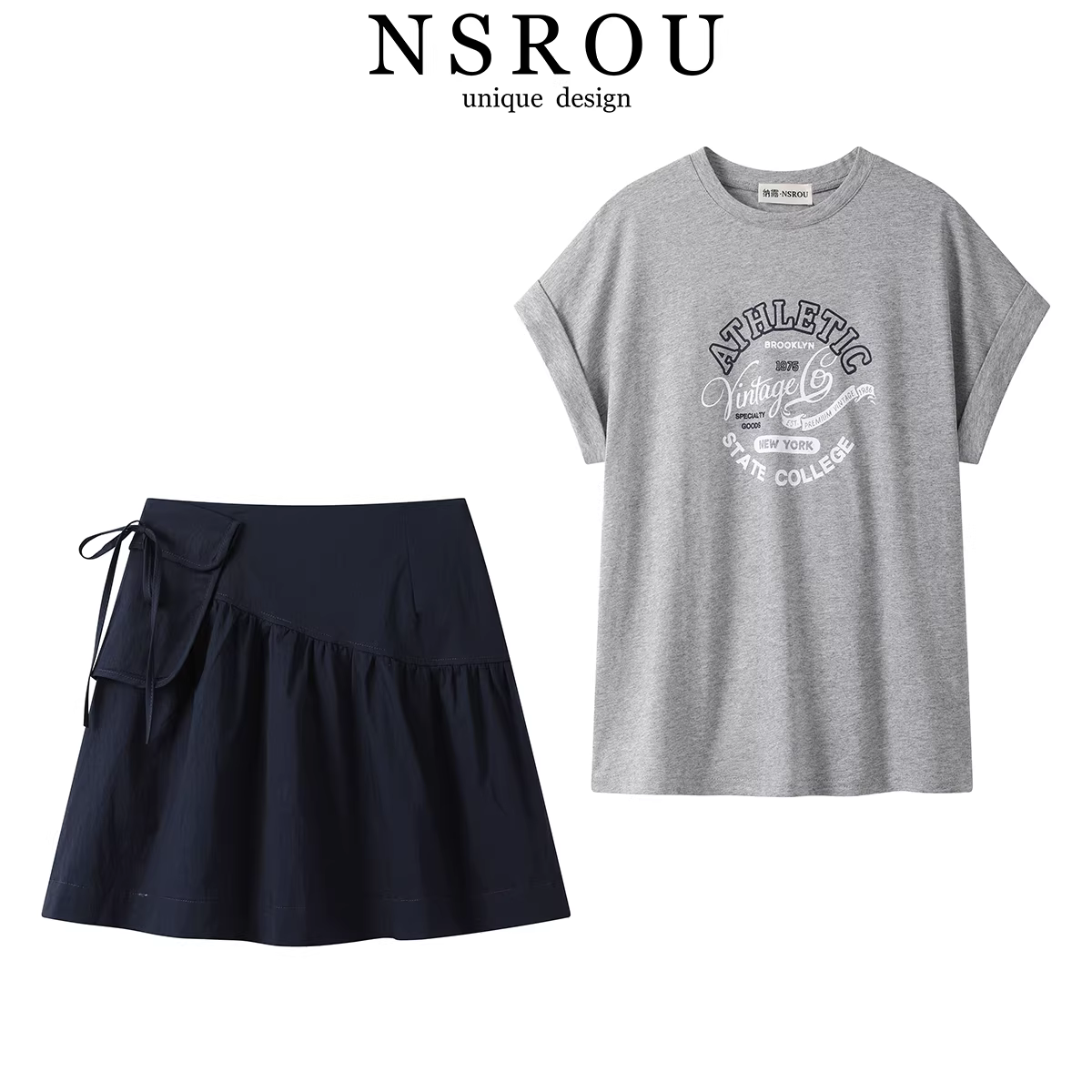 Bộ áo thun ngắn tay in chữ thanh lịch và trẻ trung phong cách Hàn Quốc và váy hai mảnh dành cho nữ, phong cách mùa hè mới