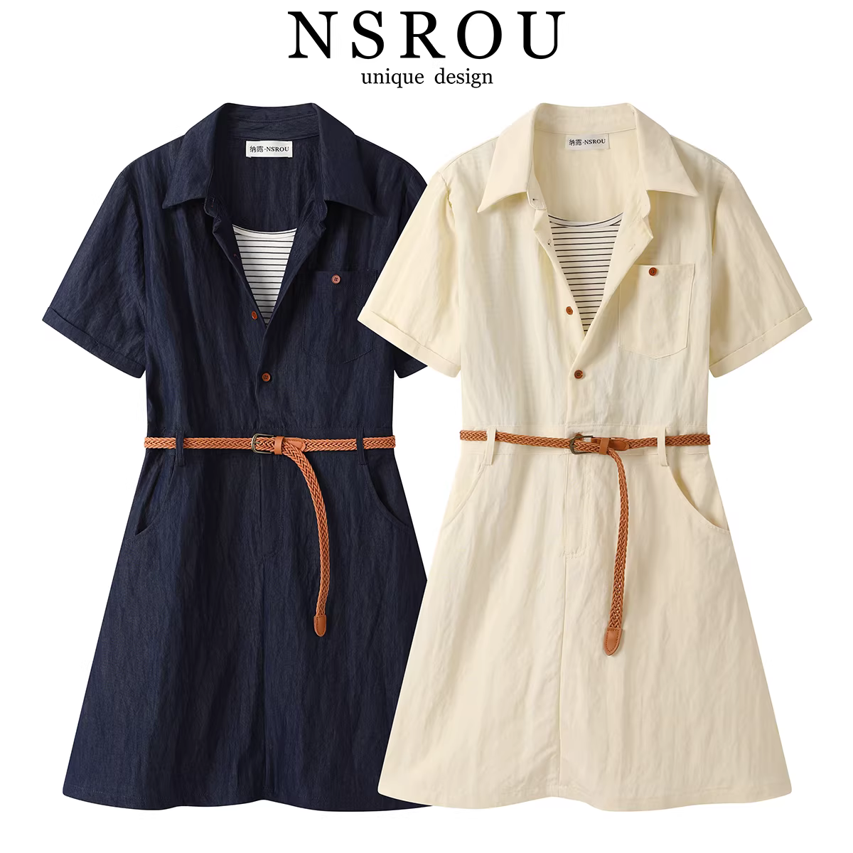 Váy denim giả hai mảnh kiểu Pháp có cổ ve áo dành cho nữ, váy ngắn chữ A đi làm mùa hè mới dành cho người có vóc dáng nhỏ nhắn.