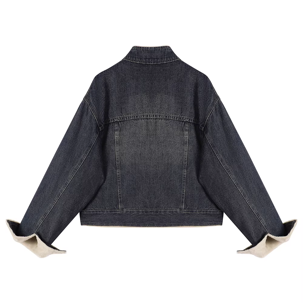 Áo khoác denim dày dặn cổ đứng chất liệu len cừu độc đáo dành cho nữ, thiết kế thu đông 2025 mới, kiểu áo khoác nhỏ nhắn