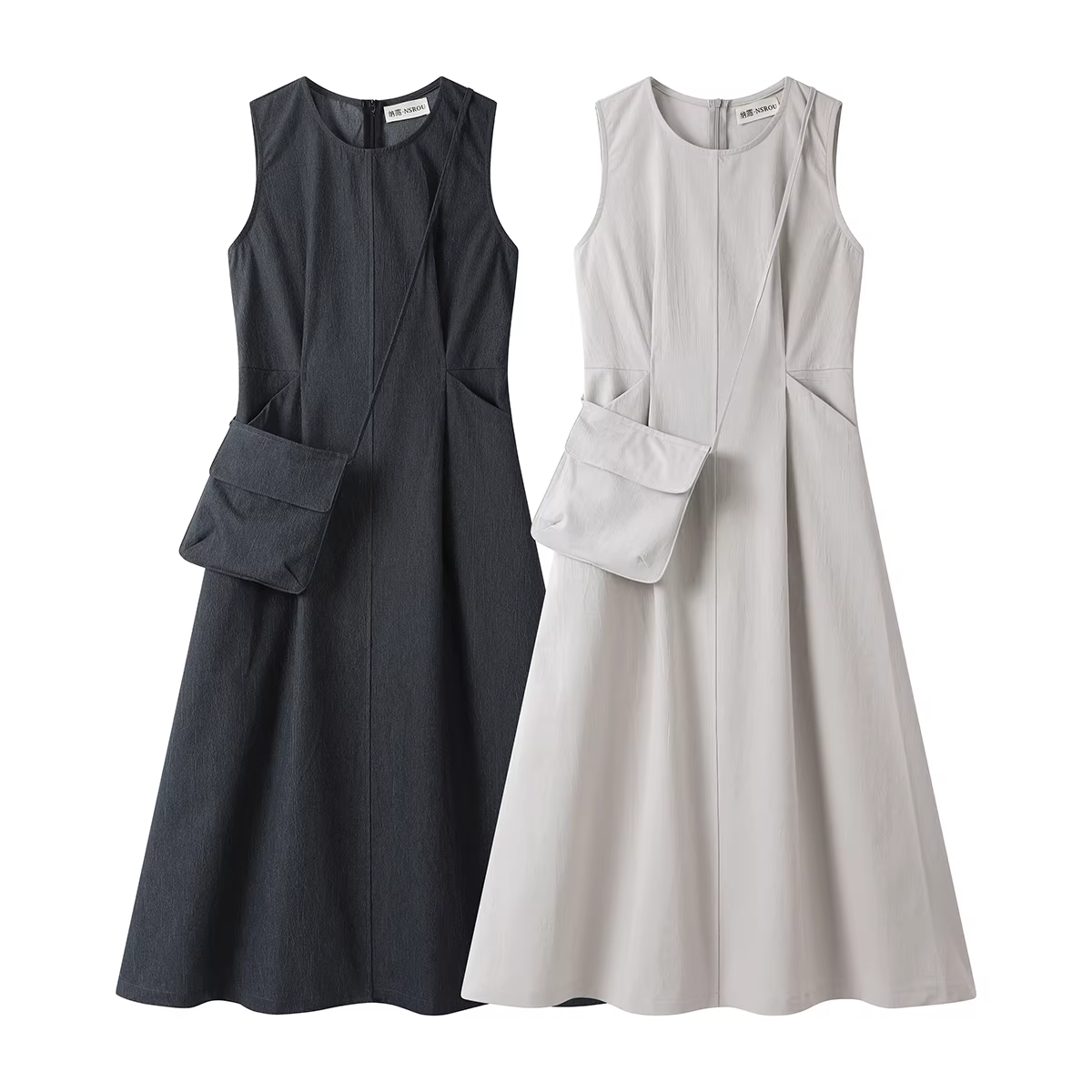 Đầm vest không tay cổ tròn phong cách retro kiểu Pháp dành cho nữ, phong cách mùa hè mới, ôm eo, đầm dài màu xám tôn dáng