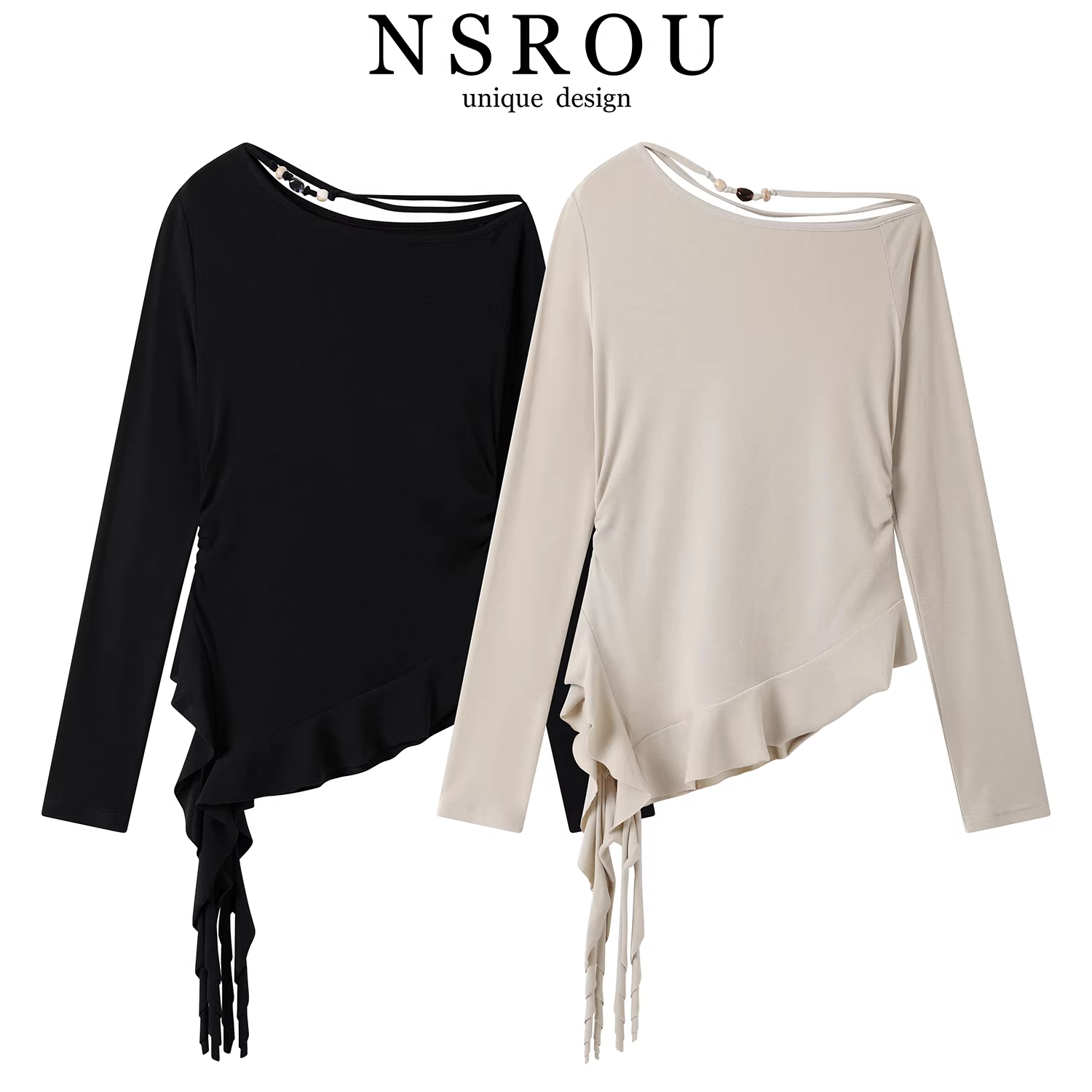 Áo len nữ tay dài, kiểu dáng độc đáo, thời thượng, thiết kế lệch vai, phối dây buộc eo bất đối xứng, tôn dáng, mùa thu.