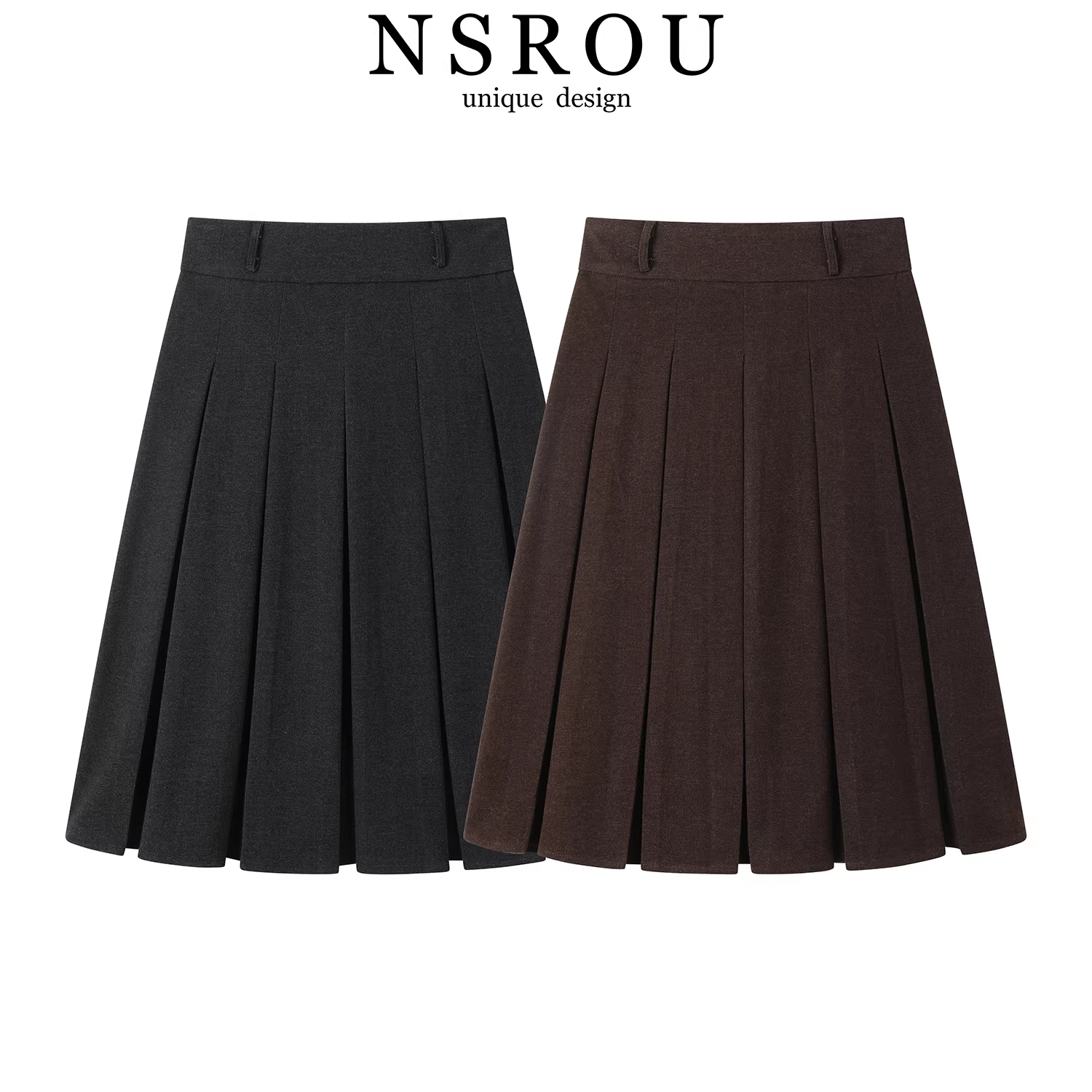 Chân váy midi xếp ly cao eo kiểu preppy Hàn Quốc dành cho nữ, chân váy ngắn ôm sát dáng chữ A màu đen thời trang cho mùa thu.